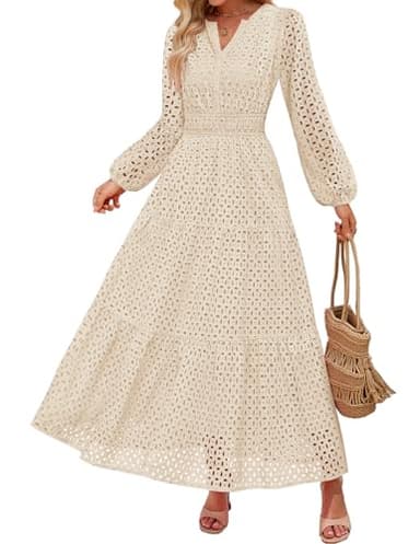 ZESICA Women's 2025 Fall Long Sleeve Maxi Dress V Neck Hollow Out Eyelet A Line Long Flowy Casual Party Dresses Apricot Medium - Image 1