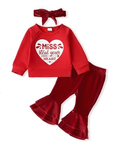 NZRVAWS 18-24 Months Toddler Baby Girl Clothes Infant Long Sleeve Letter Print Sweatshirt Bell Bottom Pant Outfit Fall Winter Red Set - Image 1