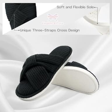 Cross House Slippers for Women, Comfy Memory Foam Women's Bedroom Slippers Open Toe Soft Woman Home Slipper Shoes Indoor Outdoor Summer Autumn Winter Use, Black Size 7-8 - Image 3