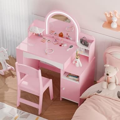 MU Kids Vanity with Lights, Princess Makeup Vanity Desk with Open Bookshelf, Storage Cabinet & Shelves, 2 in 1 Toddler Vanity Table & Chair Set with Lighted Mirror for Little Girls, Pink - Image 8
