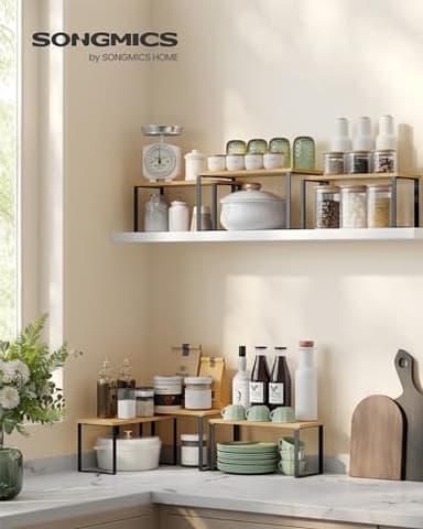 SONGMICS Cabinet Organizer Shelf, Set of 3 Kitchen Counter Shelves, Kitchen Storage, Spice Rack, Stackable, Expandable, Ink Black and Natural Beige UKCS014B01 - Image 2