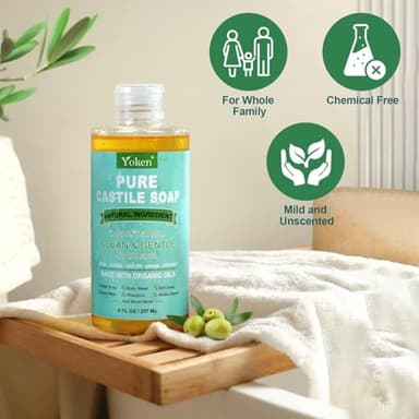 Yoken Pure Castile Liquid Soap Organic (EWG Verified, Unscented, 8 OZ), Made with Organic Oils, No Added Fragrance, Vegan, Castile Soap Liquid for Face, Laundry, Dishes, Sensitive Skin, Travel Soap - Image 2