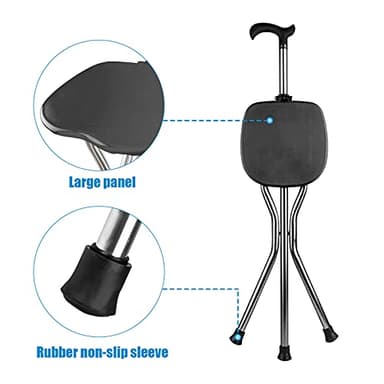 Hold 440 lbs Walking Cane Seat Folding Stick Height Adjustment 440 lbs Capacity Cane with Seat Tripod Stool Hiking Walking Massage Square Black - Image 4