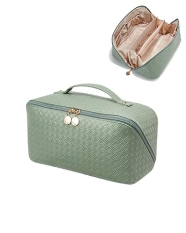 EACHY Travel Makeup Bag, Large Capacity Cosmetic Bags for Women, Waterproof Portable Open Flat Toiletry Bag Make up Bag with Divider and Handle (LB-Green, Large) - Image 1