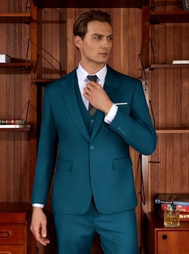 WULFUL Men’s Slim Fit Suit One Button 3-Piece Blazer Dress Business Wedding Party Jacket Vest & Pant Teal Blue - Image 9