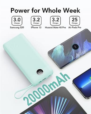 VRURC Portable Charger 20000mAh, Built-in Cables Fast Charging Power Bank, PD QC 3.0 Travel Essentials Battery Pack, 4 Output & 2 Input Phone Charger for iPhone16 15 14 13 X, Samsung, Android-Green - Image 2