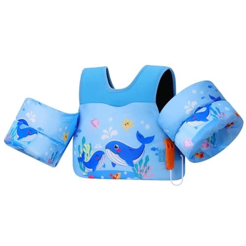 MoKo Toddler Swim Vest - Cute Toddler Floaties with Emergency Whistle for Kids 22-66 lbs Water Wings Arm Band Floaties Swim Training Equipment for Beach Swimming Pool Sea, Blue Squirting Whale - Image 1