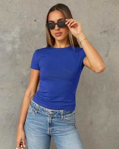 Abardsion Women's Casual Basic Going Out Crop Tops Slim Fit Short Sleeve Crew Neck Tight T Shirts 2025 (Royal Blue, M) - Image 2