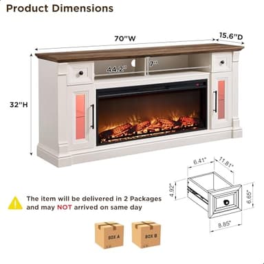 OKD Fireplace TV Stand for 80 Inch TV - Farmhouse Entertainment Center with 42" Electric Fireplace & LED Lights, Wood Media Console with Storage Drawers & Cabinets for Living Room, Antique White - Image 6