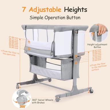 Ezebaby Bedside Bassinet for Baby, Portable Baby Bassinet Bedside Sleeper for Newborn Infants with Wheels Storage Basket, Adjustable 7 Heights and All Mesh Sides - Image 7
