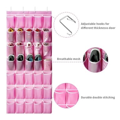 SAVERHO 35 Pockets Over the Door Shoe Organizer, Hanging Shoe Organizer for Door with 35 Mesh Pockets Large Capacity Shoe Hanging Storage Bag with 4 Metal Hooks (Pink-1Pack) - Image 3