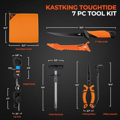 KastKing ToughTide 7pc Fishing Tool Kit, Rechargeable Digital Fish Scale with Lip Grip & Tape Measure, 7” Fillet Knife with Sheath & Sharpener, 8” Split Ring Pliers, Hook Remover, Microfiber Towel - Image 9