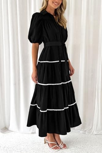 PRETTYGARDEN Women's Summer Button Down Shirt Dress Short Puffy Sleeve Tiered Ruffle Flowy Long Maxi Dresses (Black,Large) - Image 6