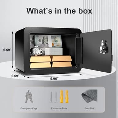Marcree 0.23 Cub Safe, Small Safe Box with Key, Mini Home Safes for Money, Coin and Cash, Security Safes for Kids, Lock Box for Personal Items, Black, 6.69 x 9.06 x 6.69 Inches - Image 2
