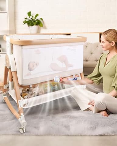 suihuooo 4 in 1 Baby Bassinet, Bassinets Bedside Sleeper with Wheels and Storage Basket, Adjustable 7 Heights Bedside Sleeper with Mosquito Net, Breathable Mesh Rocking Bassinet for Baby - Image 2