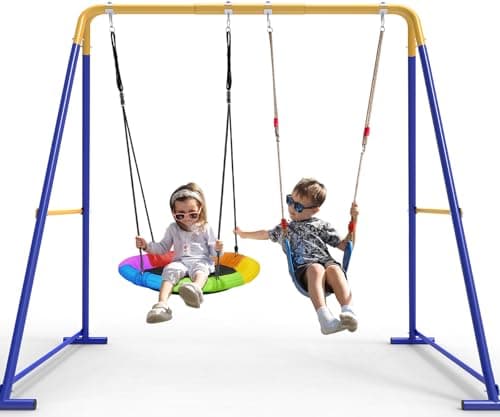 Swing Sets for Backyard, Toddler Swing Set with 2 Seat 1 Saucer & 1 Belt Seat, 440lbs Heavy-Duty Swing Frame w/8 Ground Stakes, A Frame Outdoor Swingset for Kids and Adults for Backyard - Image 1
