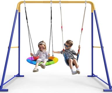 Swing Sets for Backyard, Toddler Swing Set with 2 Seat 1 Saucer & 1 Belt Seat, 440lbs Heavy-Duty Swing Frame w/8 Ground Stakes, A Frame Outdoor Swingset for Kids and Adults for Backyard - Image 1