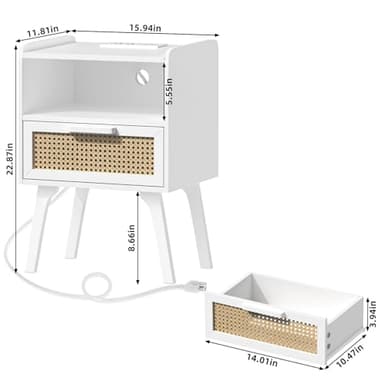 Lerliuo Rattan Nightstands Set of 2 with Charging Station, White Bedside Table with Drawer Open Shelf, Cane Accent Side End Table with Solid Wood Legs, Night Stand for Bedroom, Dorm and Small Spaces - Image 3