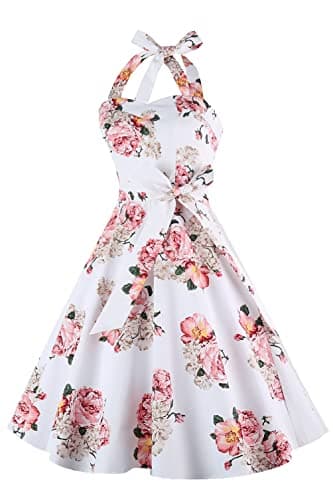 Topdress Women's Vintage Polka Audrey Dress 1950s Halter Retro Cocktail Dress Pink Flower XL - Image 5