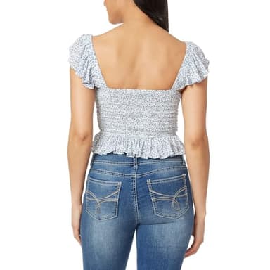 WallFlower Women's Brandy Ruffle Strap Smocked Rayon Challis Top, Bright White Ditsy Floral - Image 2