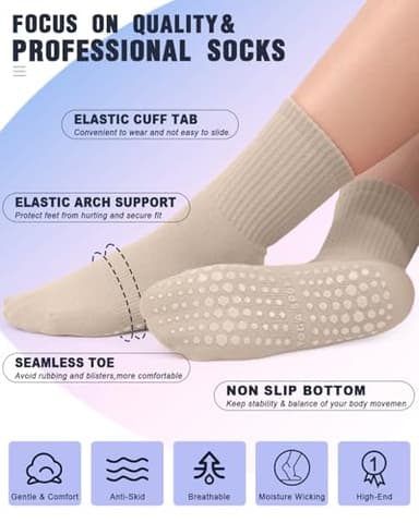 yeuG Non Slip Pilates Socks with Grips for Women, Grip Socks for Yoga Ballet Barefoot Workout Anti Skid Athletic Socks - Image 3