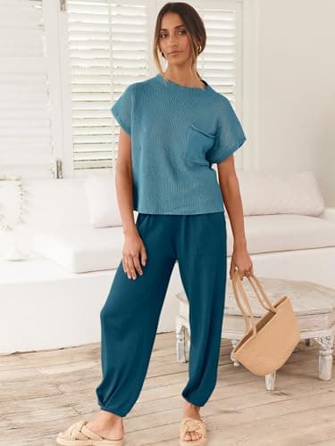 ANRABESS Women's Two Piece Outfits Knit Sweater Vest Crop Top Pants Lounge Matching Tracksuit Sweatsuit Travel Clothes Sets Blue X-Large - Image 7