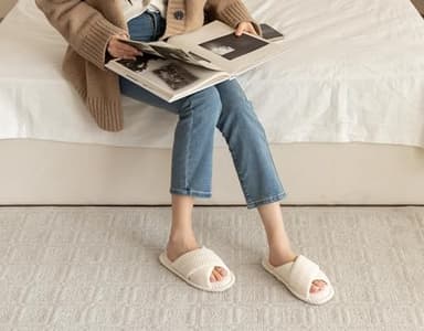 GOEWY House Slippers for Women Fuzzy Womens Slippers Indoor Outdoor Open Toe With Cross Band Corduroy Memory Foam Warm Gifts for Woman Size 9 10 Beige - Image 2