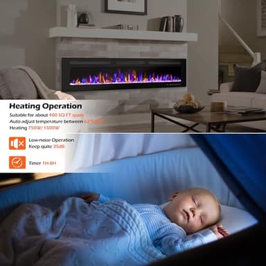 BETELNUT 60" Electric Fireplace Wall Mounted and Recessed with Remote Control, 750/1500W Ultra-Thin Wall Fireplace Heater W/Timer Adjustable Flame Color and Brightness, Log Set & Crystal Options - Image 5