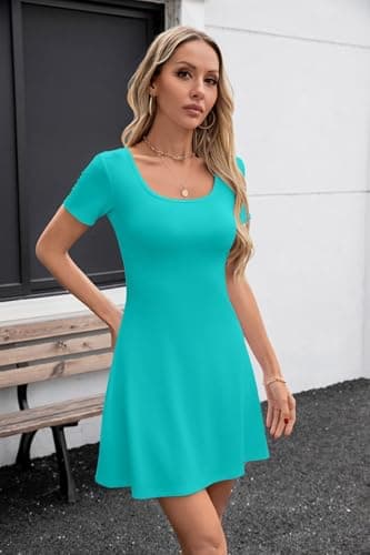 VICHYIE Womens Summer Short Sleeve Ribbed Knit Square Neck A Line Flare Mid-Thigh Dress Ruffle Swing Short Casual Dresses Blue XL - Image 3