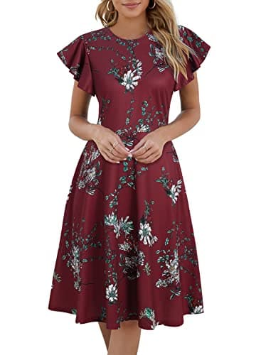 HELYO Women's Semi-Formal Ruffle Sleeves V-Back Work Fit and Flare Cocktail Wedding Guest Dress with Pockets 842 XL Burgundy Floral - Image 1