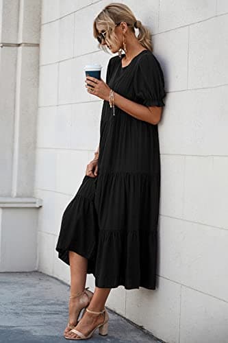PRETTYGARDEN Summer Dresses for Women 2025 Casual Floral Boho Midi Sun Dress Puff Short Sleeve Flowy Beach Vacation Sundress (Solid Black,Small) - Image 5