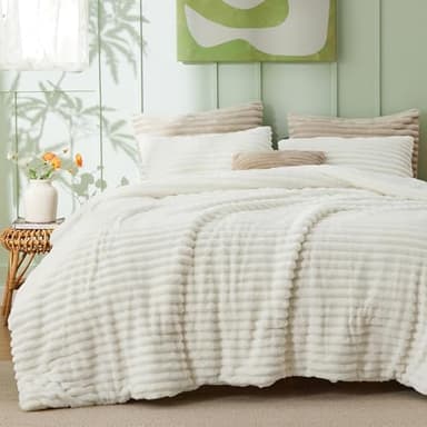 Bedsure Fluffy Comforter Set Queen - Super Soft Faux Fur Bed Set Cream White, All Seasons Warm Plush Fleece Bedding, 3 Pieces, 1 Shaggy Fuzzy Queen Size Comforter with 2 Pillowcases - Image 9