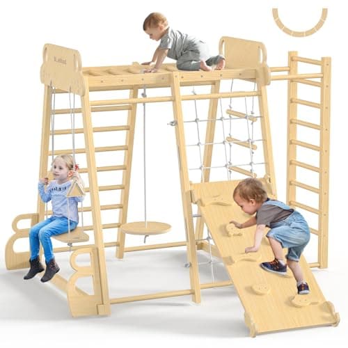 Upgraded Indoor Jungle Gym 9-in-1 Playground Kids Climbing Toys, Montessori Philosophy Waldorf Style Wooden Climber Playset with Slide, Swing, Monkey Bars, Upright/Rope Ladder, Climb Net, Natural Wood - Image 1