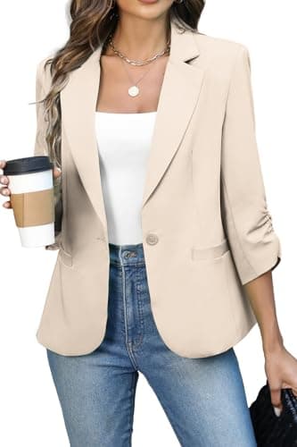 ELLEVEN Womens Blazer Business Casual Suit Jacket Slim Fit Fitted Ruched 3/4 Sleeve Petite Crop Blazer Dressy Full Lining Lightweight Outfits Coat Cardigan with Padded Shoulder Khaki XX-Large - Image 1