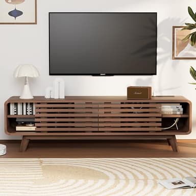 Royal Windsor Modern TV Stand for Living Room, Media Console Cabinet with Socket, Large Entertainment Center with Storage, TV Table with Slatted Sliding Doors and Open Shelves, Reddish Brown - Image 9