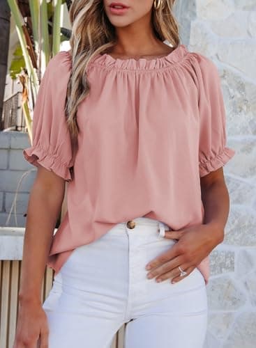 EVALESS Spring Tops for Women Trendy 2025 Business Casual Outfits Summer Short Sleeve T Shirts Sexy Off The Shoulder Blouses Work Clothing Pleated Peplum Tunic Tops Womens Pink Shirts, Large - Image 2
