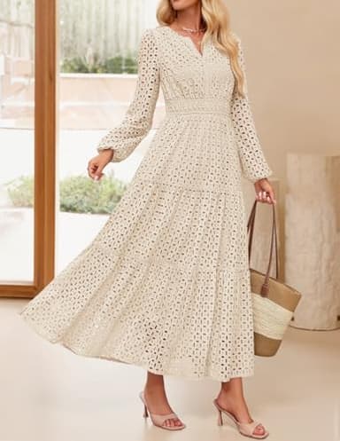 ZESICA Women's 2025 Fall Long Sleeve Maxi Dress V Neck Hollow Out Eyelet A Line Long Flowy Casual Party Dresses Apricot Medium - Image 3
