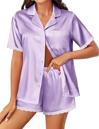 Ekouaer Pajamas for Women V Neck Satin Pajama Set Short Sleeve Pjs Set Silk Shorts Lounge Sets,Large Purple - Image 1