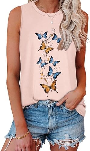 Womens Tank Tops Summer Casual Crew Neck Sleeveless Top Loose Fit Basic Tunic Shirts,Beige Butterfly,S - Image 1