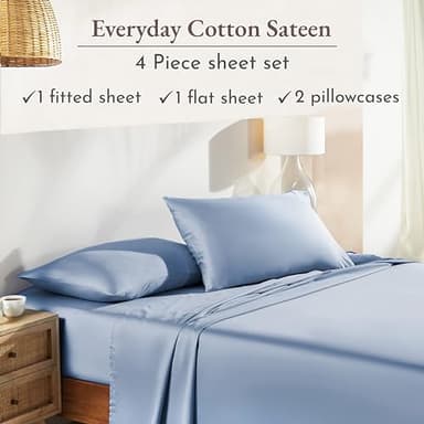 Queen Sheet Set - Natural 100% Cotton Sheets Queen Size Bed Set with Deep Pockets, Soft Sateen Weave, Breathable, Cooling and Durable Bedding by California Design Den (Blue Hydrangea) - Image 3