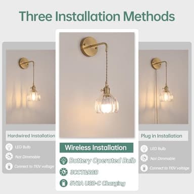 Shenmoyl Battery Operated Wall Sconce with Clear Tulip Shade Pattern Glass Adjustable Chain Retro Gold Wall Mounted Light, Modern Wall Decor for Bedside Bedroom Indoor Doorway， Set of 2 - Image 2