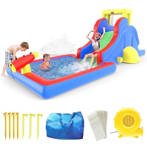 PicassoTiles KC108 Water Slide Park Inflatable Bouncing House w/Pool Area (Splash Zone), Climbing Wall, Shower Head Sprays Mounts, Water Cannon Mount and Heavy Duty GFCI ETL Certified 385W Blower - Image 1
