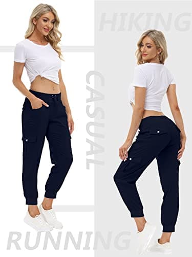 MoFiz Women Cargo Pants with Pockets Lightweight Outdoor Summer Travel Casual Hiking Pants Running Joggers Sweatpants Elastic Waist Navy L - Image 3