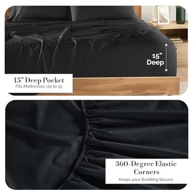 Casa Platino 100% Cotton Sheets Full Size Set - 6 Pieces (1 Flat, 1 Fitted, 4 Pillowcases) - Soft & Breathable Percale Weave - Durable & Cooling Bed Sheets with Deep Pockets - Full Sheet Set - Black - Image 3