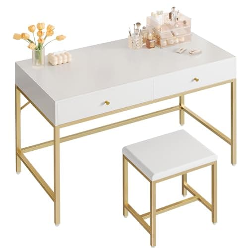 SUPERJARE 43-inch Modern White & Gold Desk - 2 Drawer Vanity, Computer & Home Office Study Desk for Writing & Bedroom - Image 1