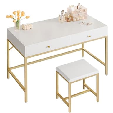 SUPERJARE 43-inch Modern White & Gold Desk - 2 Drawer Vanity, Computer & Home Office Study Desk for Writing & Bedroom - Image 1