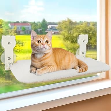 Peyela Cat Window Perch, Cat Window Hammock with Powerful Suction Cup,Sturdy Metal Frame Window Seat for Cats Kitty,Foldable Reversible Soft Furry Cover Cushion Bed - Image 1