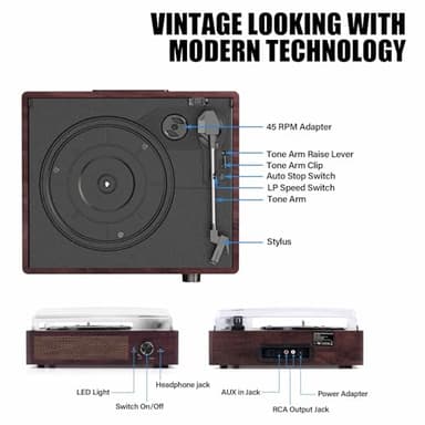 Vinyl Record Player Turntable with Built-in Bluetooth Receiver & 2 Stereo Speakers, 3 Speed 3 Size Portable Retro Record Player for Entertainment and Home Decoration - Image 2