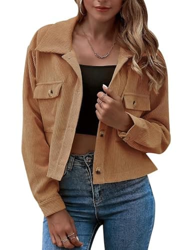 Flygo Womens Fashion Cropped Jacket Corduroy Button Down Shirt Shacket Jackets Lightweight Spring Jackets 2025 Trendy(Khaki-XS) - Image 1