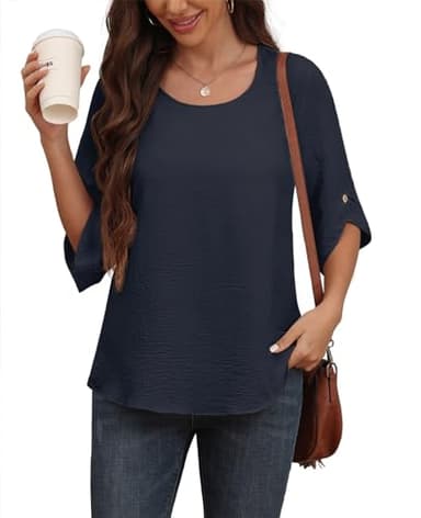 Askyes Women’s Chiffon Shirts 3/4 Sleeve 2025 Fashion Formal Blouses Summer Loose Fit Blouse Tops,Navy Blue,L - Image 3